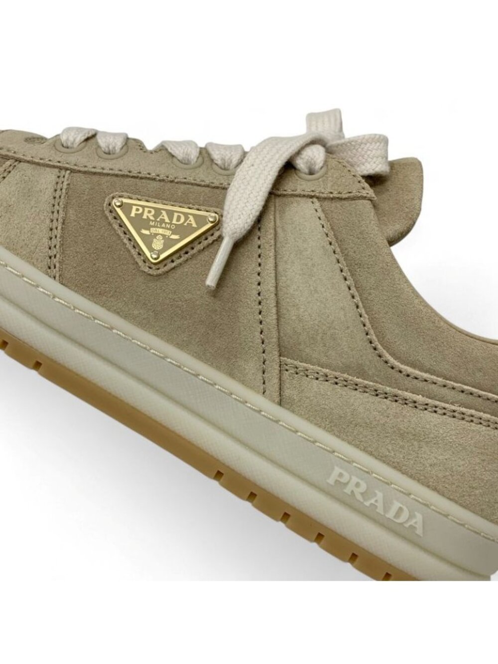 Prada Downtown Sneakers Shoes Delave Suede Beige Gold Logo - Picture 9 of 10